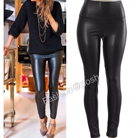 Black leather leggings faux lined High waist LINED - Picture 2 of 4